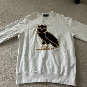 White Crewneck Sweater with Black & Gold Owl Emblem - Men